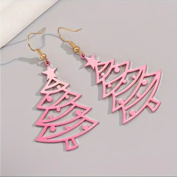 Pink Alloy Metal Christmas Tree Hollow Earrings - Picture 4 of 6